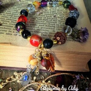 Chunky Lapis  Amber & Leaf Charm  Garden Oracle Bracelet –